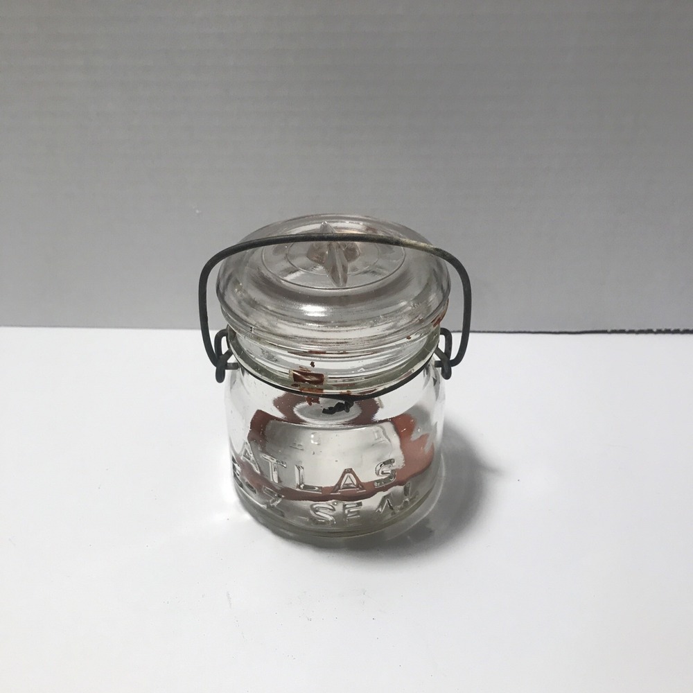 Vintage ATLAS E-Z SEAL Glass Mason Jar 1/2 Pint Wire Bale Lid Anchor Hocking 4 B